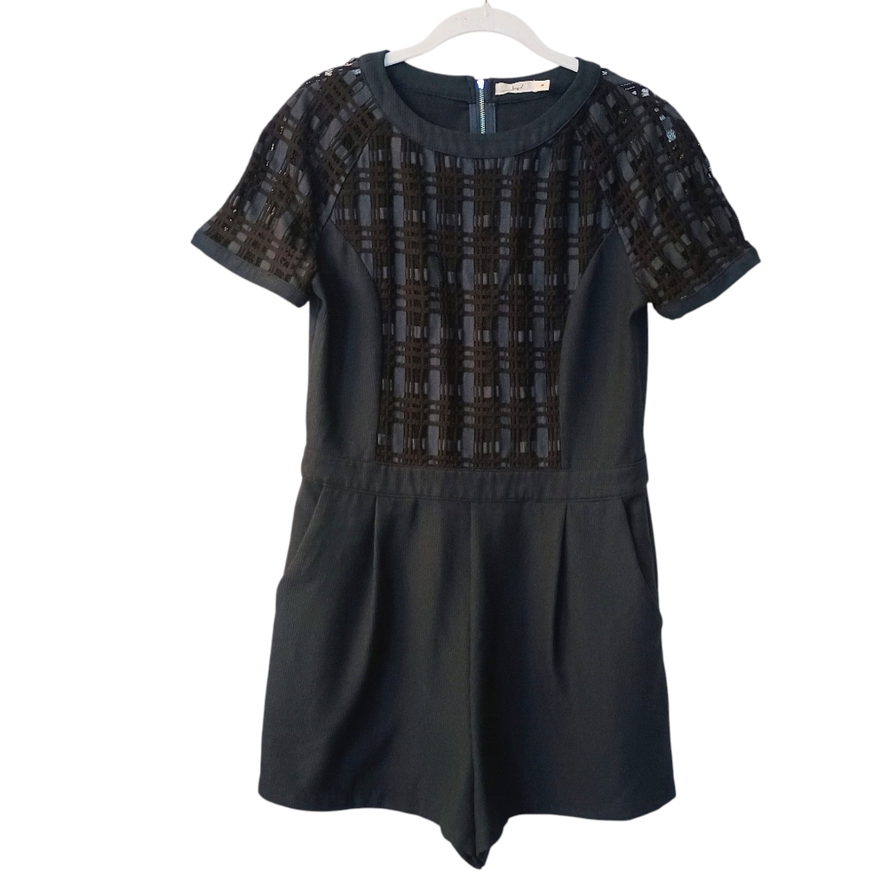 Women's Hazel Navy Blue And Black Lace Front Short Sleeve Shorts Romper Size Med